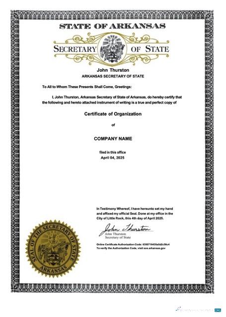 Download USA Arkansas certificate of organization Word and PDF template Photoshop template